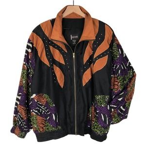 VTG 80s INDICATIONS 100% Silk Animal Print Color Block Bomber Track Jacket Sz L